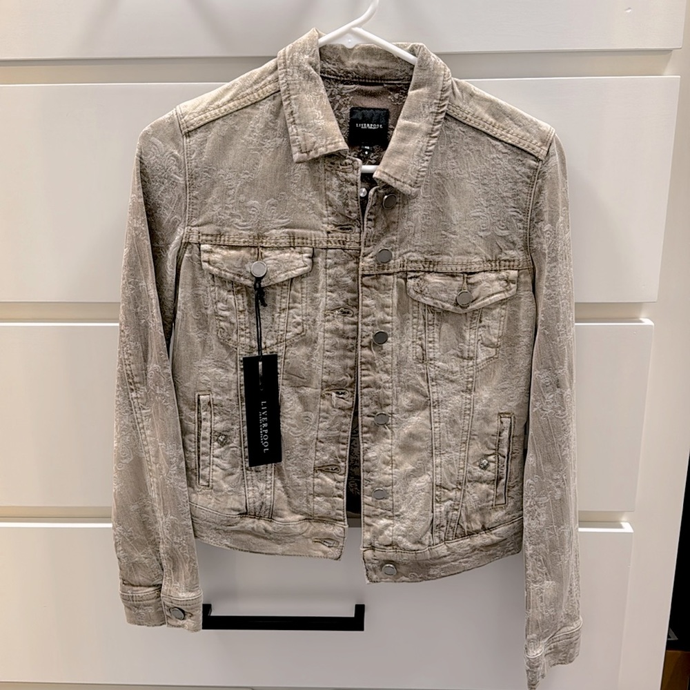 Liverpool Driftwood Distressed Brown Printed Denim Jacket.  Size XS